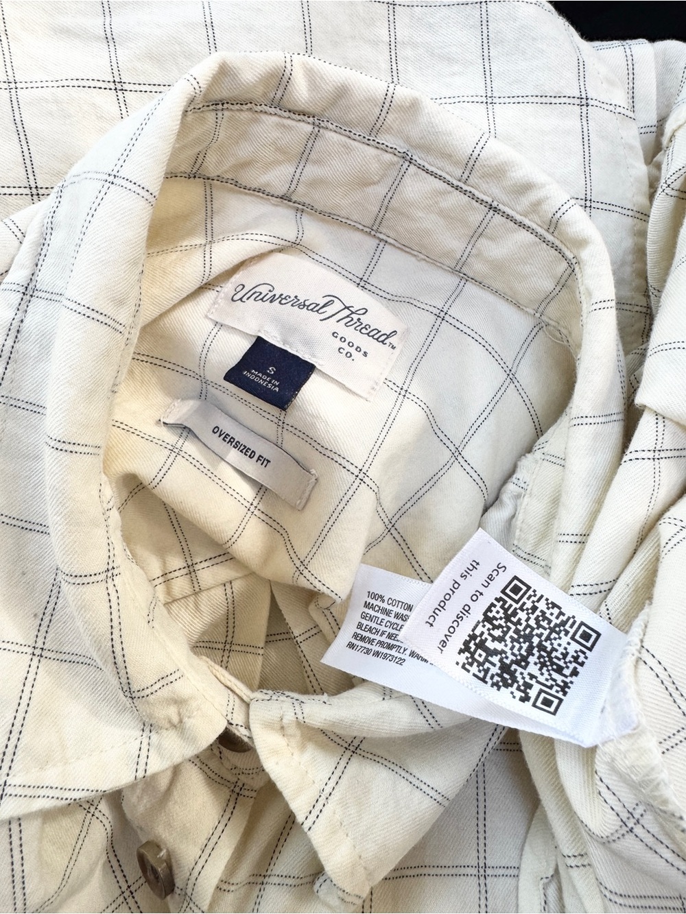 Universal Thread Cotton Oversized Cream Windowpane Plaid Shirt S - Picture 5 of 5